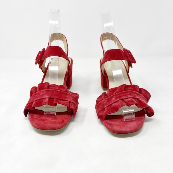 [E8 By Miista] Red Suede Leather Sandie Ruffle Strap Block Heel Sandals Size 5.5 - Picture 7 of 12